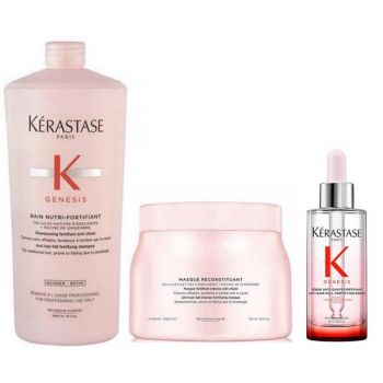 Pachet cu Efect Fortifiant - Kerastase Genesis: Sampon Anti-Cadere 1000 ml, Masca Fortifianta 500 ml, Ser Fortifiant, 90 ml