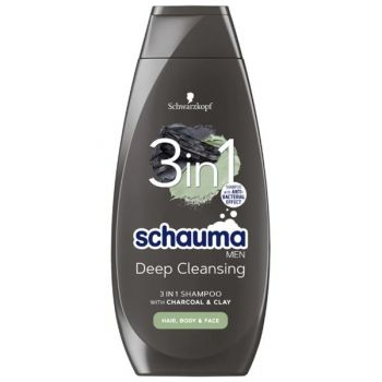 Sampon 3 in 1 pentru Barbati, cu Carbune si Argila - Schwarzkopf Schauma Men 3 in 1 Hair-Body-Face Shampoo with Charcoal + Clay, 400 ml