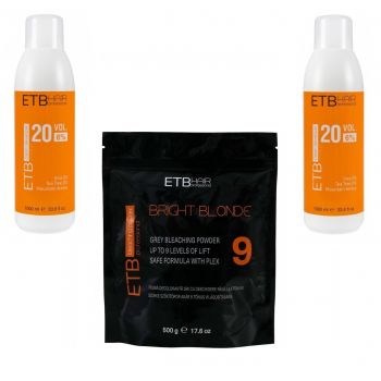 Pachet Decolorat ETB Hair Professional Bright Blonde, Pudra Gri 9 Tonuri 500 g, Oxidant Crema 9% si 6%