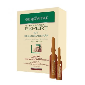 Kit regenerare par Tratament Expert, Gerovital, 10 fiole x 10 ml, 10 fiole x 5 ml (Concentratie: Tratamente pentru par, Gramaj: 10 x 10 ml)