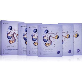 KORIKA SuperFruits Blueberry - Set of 5 Detoxifying Face Sheet Masks set de măști de față la un preț mai avantajos Blueberry(cu efect detoxifiant)