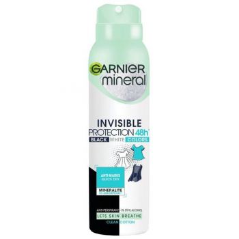 Deodorant Antiperspirant Spray - Garnier Mineral Invisible Protection 48h Black White Colors Clean Cotton, 150 ml de firma original