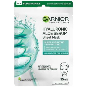 Masca Servetel cu Aloe Vera si Acid Hialuronic pentru Super Hidratare si Revitalizare - Garnier Skin Naturals Hyaluronic Aloe Serum Sheet Mask, 28 g