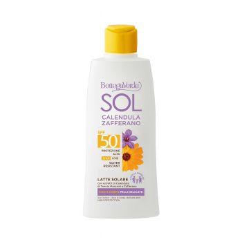 Lapte cu protectie solara, rezistent la apa, cu extract de galbenele de la Palatul Massaini si sofran, SPF 50