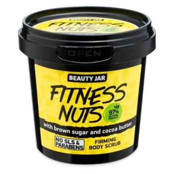 Scrub pentru Fermitatea Corpului cu Zahar Brun si Unt de Cacao Fitness Nuts Beauty Jar, 200 g