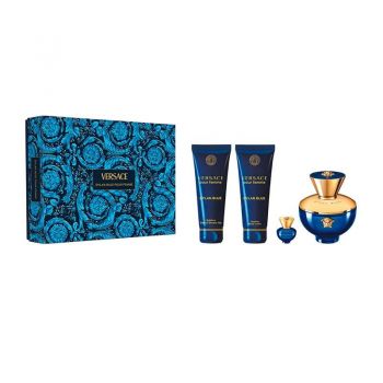 Set cadou Versace Dylan Blue, Femei, 100 ml Apa de Parfum, 100 ml Gel de Dus, 100 ml Lotiune de Corp, mini Apa de Parfum, 5 ml