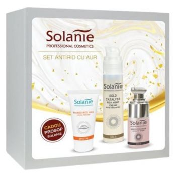 Set Antirid cu Aur - Solanie ( Crema noapte 50 ml + Crema exfolianta 50 ml + Ser 15 ml + Prosop )