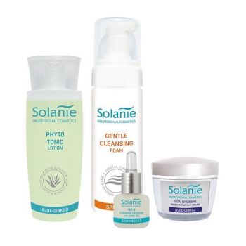 Set pentru ten uscat, sensibil - mic - Solanie ( Spuma demachianta 200 ml + Lotiune tonica 150 ml + Gel contur ochi 15 ml + Crema zi 50 ml )