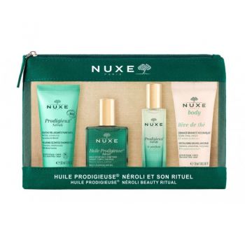 Set de Calatorie Nuxe: Prodigieux Neroli, Femei, Apa de Parfum, 15 ml parfum + Gel de Dus 30 ml + Reve de The, Exfoliant Vegan 30 ml + Ulei Multifunctional, 10 ml