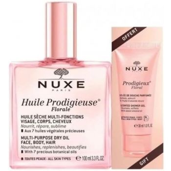 Set Nuxe Prodigieux Floral: Ulei Multifunctional pentru Fata, Corp si Par, 100 ml + Gel de Dus Curatare pentru Toate Tipurile de Piele, 30 ml