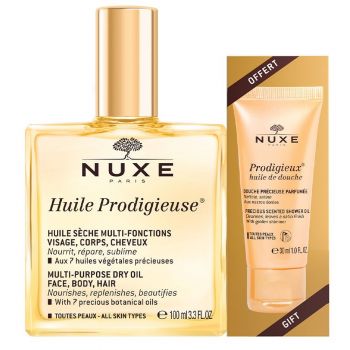 Set Nuxe Prodigieux: Ulei Multifunctional pentru fata, corp si par, 100 ml + Ulei de dus pentru toate tipurile de piele, 30 ml