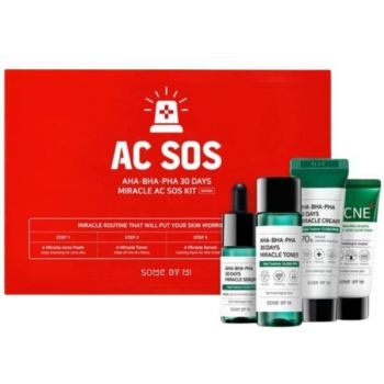 Set cadou S O S anti-imperfectiuni cu AHA-BHA-PHA, Toner 30 ml, Spuma 30 ml + Serum 10 ml, Crema 20 g, Some By Mi