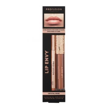 Set Luciu de Buze Ultra Neted si Lucios & Creion pentru Buze cu Finish Satinat - Profusion Cosmetics Lip Envy Crystal Nude, 1 pachet ieftin