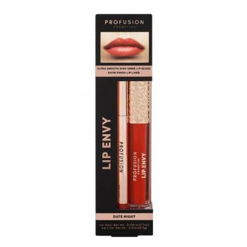 Set Luciu de Buze Ultra Neted si Lucios & Creion pentru Buze cu Finish Satinat - Profusion Cosmetics Lip Envy Date Night, 1 pachet