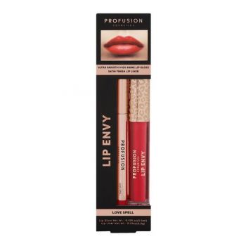 Set Luciu de Buze Ultra Neted si Lucios & Creion pentru Buze cu Finish Satinat - Profusion Cosmetics Lip Envy Love Spell, 1 pachet ieftin