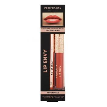 Set Luciu de Buze Ultra Neted si Lucios & Creion pentru Buze cu Finish Satinat - Profusion Cosmetics Lip Envy Nude Nectar, 1 pachet ieftin