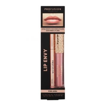 Set Luciu de Buze Ultra Neted si Lucios & Creion pentru Buze cu Finish Satinat - Profusion Cosmetics Lip Envy Pink Aura, 1 pachet ieftin