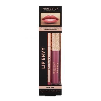 Set Luciu de Buze Ultra Neted si Lucios & Creion pentru Buze cu Finish Satinat - Profusion Cosmetics Lip Envy Wow Pink, 1 pachet ieftin