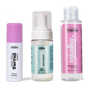 Pachet Apa termala micelara, 100 ml + Spuma de curatare faciala, 100 ml + Apa termala, 50 ml, Synergy Therm