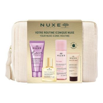 Set Cadou Nuxe Iconic Routine Apa micelara calmanta 3 in 1 30ml + Sampon 30ml + Ulei uscat multifunctional 10ml + Crema pentru maini si unghii 15ml + Trusa cosmetice