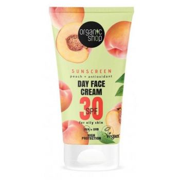 Crema Protectie Solara pentru Ten Mixt sau Gras, SPF30 UVA+UVB - Organic Shop Sunscreen Day Face Cream Peach+Antioxidants SPF30, 50 ml