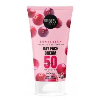 Crema Protectie Solara pentru Ten Mixt sau Gras, SPF50 UVA+UVB - Organic Shop Sunscreen Day Face Cream Cranberry+Antioxidants SPF50, 50 ml