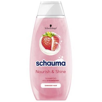 Sampon cu Extract de Capsuni si Lapte de Migdale, pentru Par Deteriorat - Schwarzkopf Schauma Nourish & Shine, 400 ml