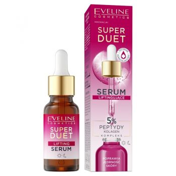 Ser concentrat de lifting Eveline Super Duo cu 5% peptide și complex de colagen pentru piele uscata și matura, 18 ml