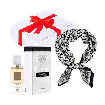 Set cadou Essence&Shawl: parfum Lattafa + esarfa satinata + cutie cadou cu funda (Parfum Aroma: Ana Abiyedh White)