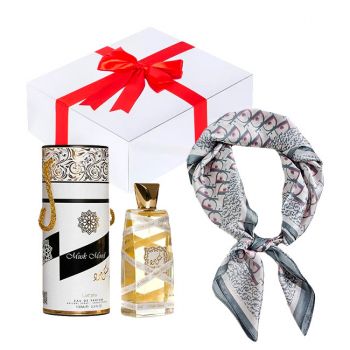 Set cadou Essence&Shawl: parfum Lattafa + esarfa satinata + cutie cadou cu funda (Parfum Aroma: Musk Mood)