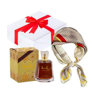 Set cadou Essence&Shawl: parfum Lattafa + esarfa satinata + cutie cadou cu funda (Parfum Aroma: Raghba)