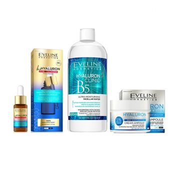 Set cadou Eveline Hyaluron Deep Moisture, Crema hidratanta pentru ten uscat si foarte uscat, 50 ml + Ser de fata hidratant bioHyaluron 3 x Retinol System, 18 ml + Apa micelara Hyaluron Clinic B5, 500 ml