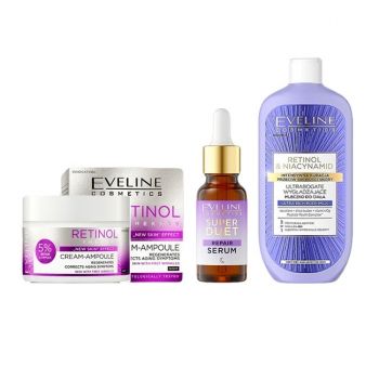 Set cadou Eveline Retinol Pro Care Crema de noapte pentru primele riduri, 50 ml + Ser reparator pentru fata Super Duet cu retinol, 18 ml + Lapte de corp netezitor ultra-bogat Retinol & Niacynamid, 350 ml