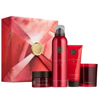 Set cadou Rituals, Ayurveda Gel de duS spumant 200 ml, Crema de corp 100 ml + Exfoliant de corp 125 g + Lumanare 140 g