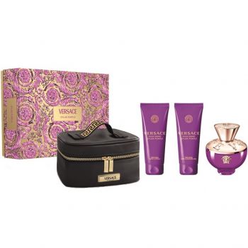 Set cadou Versace Dylan Purple, Femei, 100 ml Apa de Parfum, 100 ml Lotiune de Corp, 100 ml Gel de dus + Geanta cosmetice