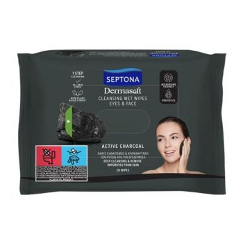 Servetele Umede Demachiante - Septona Dermasoft Active Charcoal, 20 buc