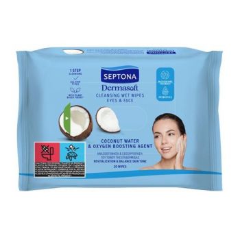 Servetele Umede Demachiante - Septona Dermasoft Coconut Water & Oxygen Boosting Agent, 20 buc