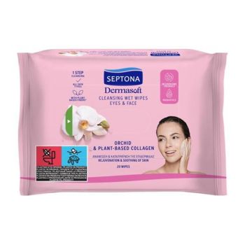 Servetele Umede Demachiante - Septona Dermasoft Orchid & Plant-Based Collagen, 20 buc