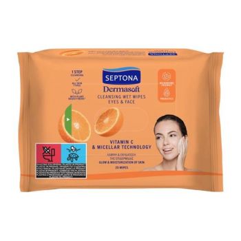 Servetele Umede Demachiante - Septona Dermasoft Vitamin C & Micellar Technology, 20 buc