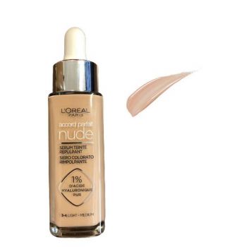 Serum Redensificator Infuzat cu Pigmenti si Acid Hialuronic - L'Oreal Paris Accord Parfait Nude Siero Colorado Rimpolpante 1% D'Acide Hyaluronico Pur, nuanta 3-4 Light-Medium, 30 ml