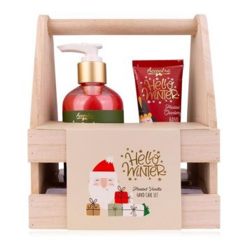 Set cadou craciun in cutie din lemn pentru ingrijire maini Hello Winter, Gel sapun 240ml, Crema pentru maini 60ml