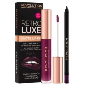 Set ruj de buze lichid si creion pentru contur, Makeup Revolution, Retro Luxe Matte Lip, Royal, 5.5 ml