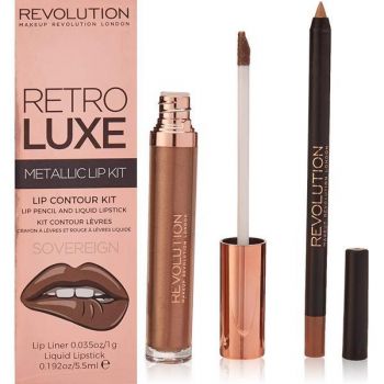 Set ruj de buze lichid si creion pentru contur, Makeup Revolution, Retro Luxe Matte Lip, Sovereign