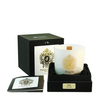 Kirke white glass candle with gold decoration - wooden wick   170 gr