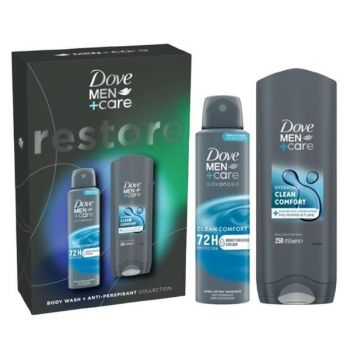 Set Cadou Dove Men +Care Restore Collection - Gel de Dus Hydrating Clean Comfort Body, Face & Hair Wash, 250 ml + Deodorant Spray Advanced 72h Protection Clean Comfort, 150 ml