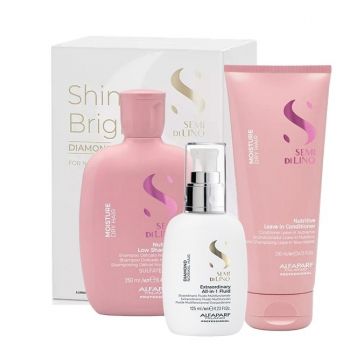 Set Alfaparf Semi Di Lino Moisture Nutritive Sampon, 250 ml + Balsam, 200 ml + Fluid pentru stralucire All-in-1 Diamond Illuminating, 125 ml