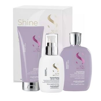 Set pentru netezire Alfaparf Milano Semi Di Lino Sampon, 250 ml + Balsam 200 ml + Fluid pentru stralucire All-in-1 Diamond Illuminating, 125 ml