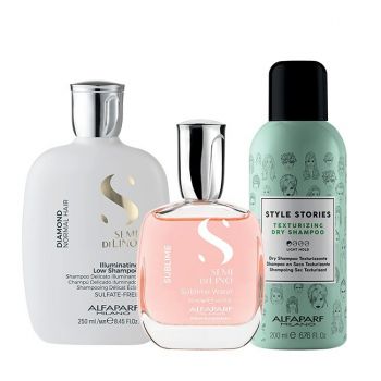 Set pentru stralucire Alfaparf Semi Di Lino Diamond Iluminating cu Sampon, 250 ml + Sampon uscat Style Stories 200 ml + Apa parfumata pentru par si corp Sublime Water 50 ml