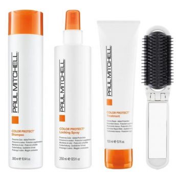 Set produse de păr profesionale Color Protect Paul Mitchell (sampon 300 ml, tratament 150 ml, locking spray 250 ml, perie voiaj)