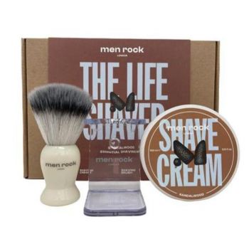 Set cadou pentru barbierit Men Rock The Life Shaver - Sandalwood (crema de ras 100 ml + pamatuf + suport pamatuf)